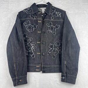 Jones New York Sport Women's Denim Jacket Floral Embroidered Dark Wash Small